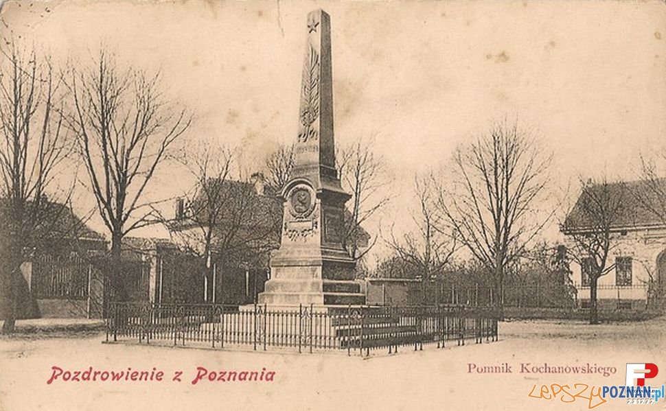 Pomnik Jana Kochanowskiego na Ostrowie Tumskim, poczatek XX wieku Foto: fotopolska Pomnik Jana Kochanowskiego na Ostrowie Tumskim, poczatek XX wieku Foto: fotopolska
